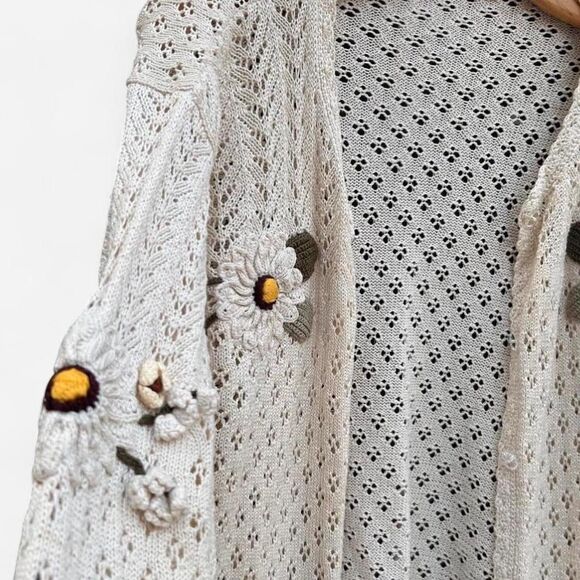 Cottage core vintage daisy flower child cream crotchet knit 3d daisy cardigan S - Picture 6 of 8